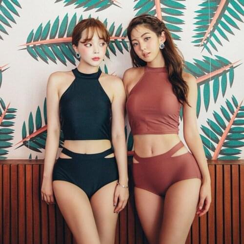BYS Sexy Retro Hollow Bikini Set Solid Color Simple High Waist Swimwear Halter Cross Strap Bandage Split Swimsuit