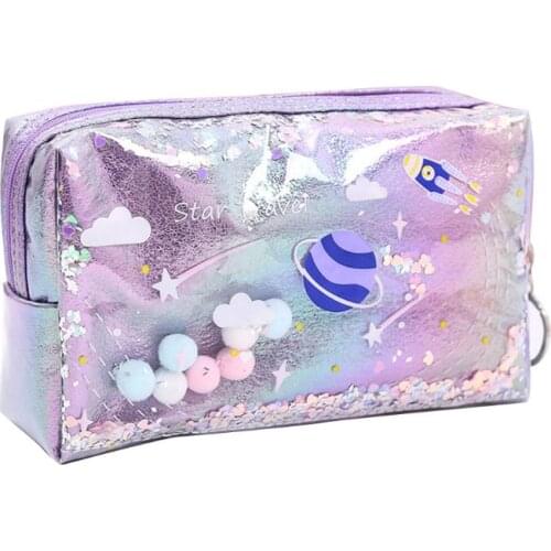 C90C Lovely Large Quicksand Planet Pencil Case Leather Pen Box Makeup Bag Girls Gift Office School Supplies