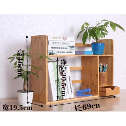 69*46*19.5CM Double Layer Bamboo Bookcase Desktop Bookshelf Book Storage Rack With Drawer