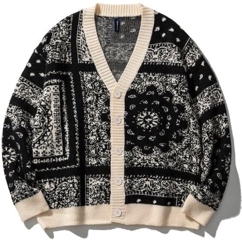 Winter Original Cardigan Casual Knitwear 2021 Vintage Contrast Japanese Cashew Flower Single Breasted V-Neck Open Stitch Sweater