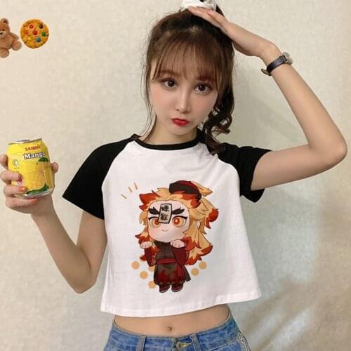 Demon Slayer Crop Top Y2k Women T-shirt Rengoku Kyoujurou Kimetsu No Yaiba Mugen Train Anime Summer Short Sleeve Streetwear
