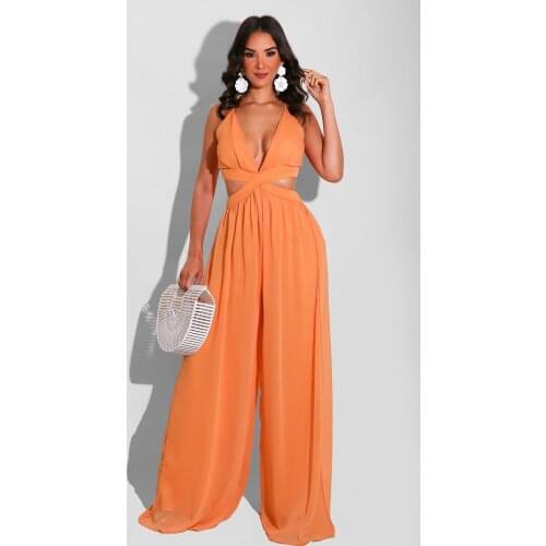 Summer Fashion Sexy One-piece Overalls Solid Color Casual Loose Chiffon One-piece Hollow Naked Back Strappy Womens Overalls New