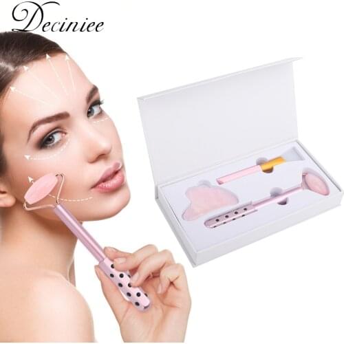 3in1 Nature Rose Quartz Jade Germanium Ball Skin Care Roller for Face Eye Reduce Wrinkles Massager with Gua Sha Borad Mask Brush