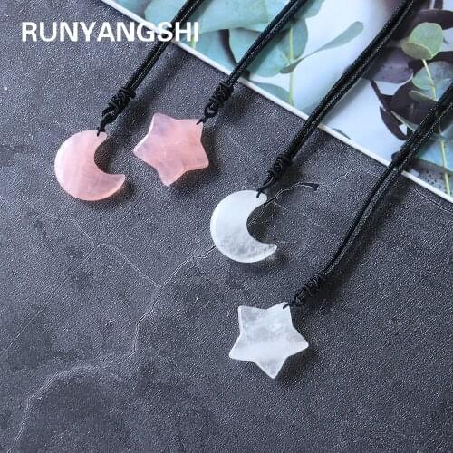 Natural Rose quartz necklace pink stone crystal pendant Hand carved moon Clear quartz Jewelry For woman gifts