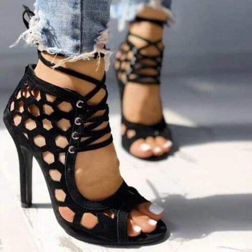 New Women Thin Heels Shoes Summer New Snakeskin Pattern Stitching Pumps Thin Belt Combination Roman Lace Up Sandals