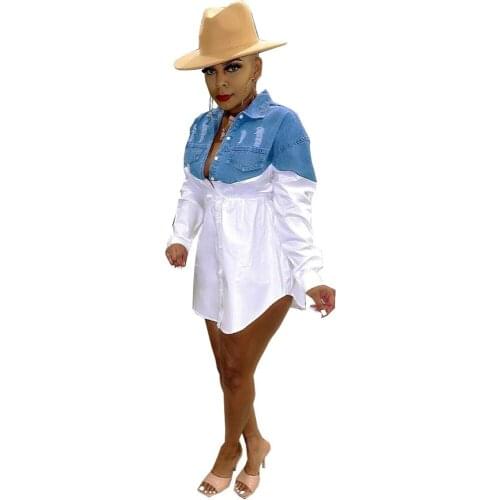 Color Block Denim Patchwork Women Blouse and Shirt Dress Summer Clothing Turn Down Collar Long Sleeve Buttons Up Short Vestidos