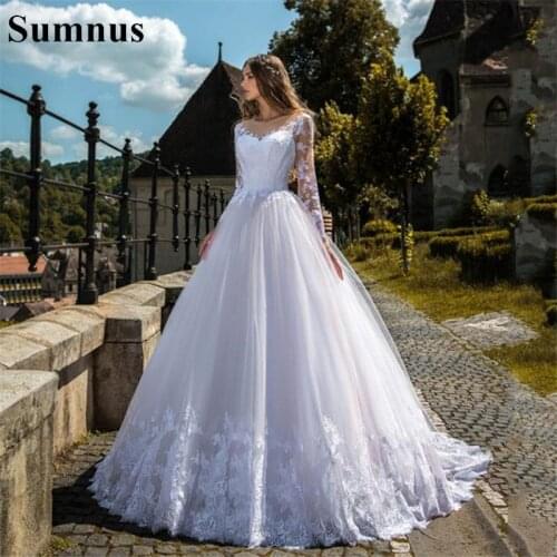 Sumnus Long Sleeves Lace Appliques A-Line Wedding Dresses Custom Made Bridal Gowns Garden Formal Wedding Gowns 2021