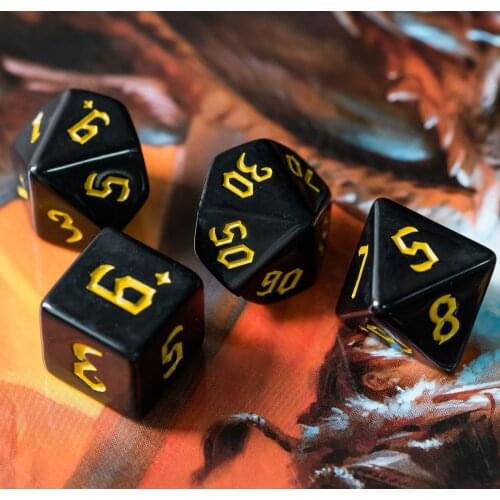 Poludie 7Pcs/Set DND Dice Sets Sickle Yellow Font Polyhedral Dice D4 D6 D8 D10 D% D12 D20 for Role playing Game D&D RPG MTG Dice