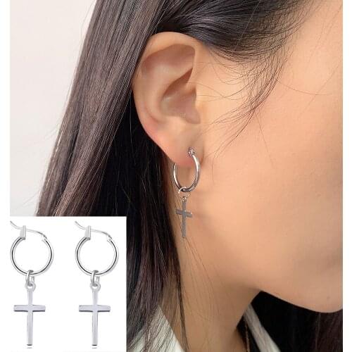 New Women Mens Stainless Steel Feather Cross Drop Earrings Silver Color Star Triangle Gothic Punk Rock Style Pendientes Unisex
