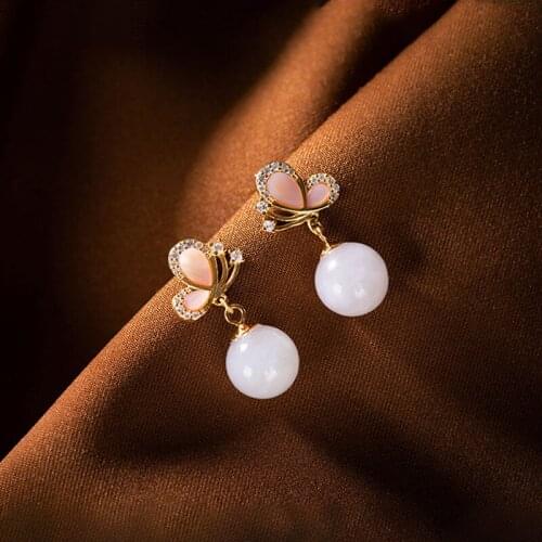Natural retro 925sterling silver inlaid round shape white jade earrings butterfly charm jadeite jewelry fashion for women gifts