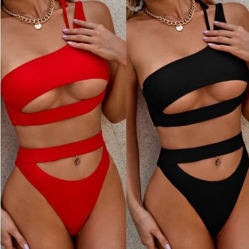 Solid Color Hollow Split Womens Swimsuit 2021 Sexy Push Up Bikini Set Irregular Padded Bathing Suit Swimwear Summer Beachwear