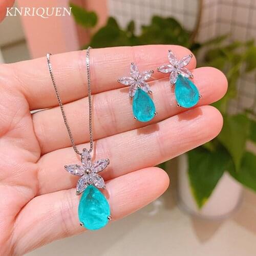 Charms 925 Sterling Silver Wedding Jewelry Sets for Women Paraiba Tourmaline Emerald Pedant Necklace Earrings Fine Jewelry Gift