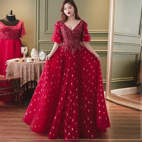 Burgundy Appliques Evening Dress Luxurious Deep V-Neck Short Sleeves Floor-Length A-Line New Plus Size Women Formal Gowns D879