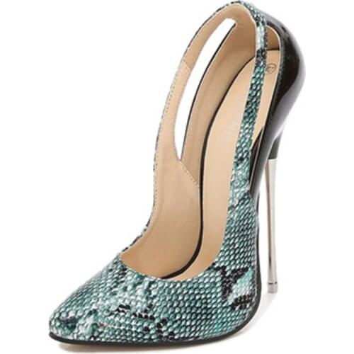 Nightclub metal and snake pattern color combination of high heels with pointed toes high heels and large size shoes