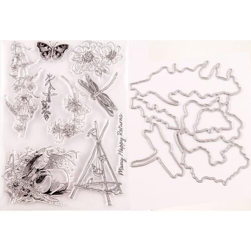 Cutting Dies and Stamps Sets Animals Balloon Words Heart Stamps Metal Cutting Dies T1695 Flower and Sparrow