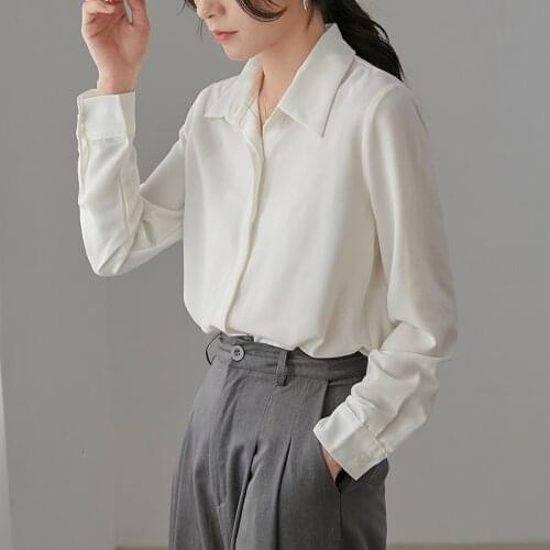 Womens Blouse Chiffon White Shirt Korean Long Sleeve Shirts Ladies Solid Color Top Plus Size Women Clothing