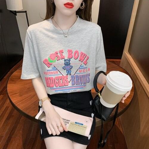 Black brother Korean version of the loose cartoon print with short-sleeved T-shirt womens thin bottoming top 2021 new
