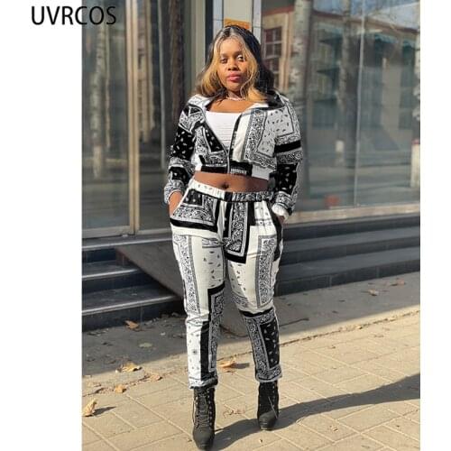 UVRCOS Women Tracksuit 2 Piece New Fashion Stand Neck Zipper Sport High Street Casual Printing Y2K Loose Coat+Long Pants Overall