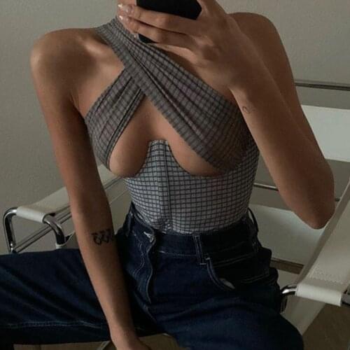 Unaiza Fashion Plaid Cross Halter Sexy Cut-Out Crop Tops Women Sexy Backless Cropped Feminino Top Summer 2021 Streetwear