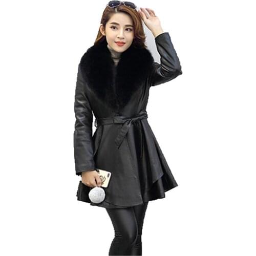 Faux leather coat women S-4XL plus size slim black red PU coat 019 new europe and america fashion long Faux leather jacket LR335