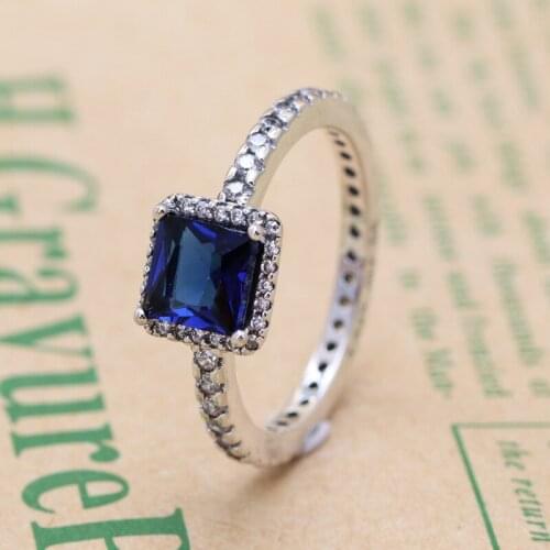 Authentic 925 Sterling Silver Blue Square Zircon Ring For Women Fashion Original Jewelry Gift