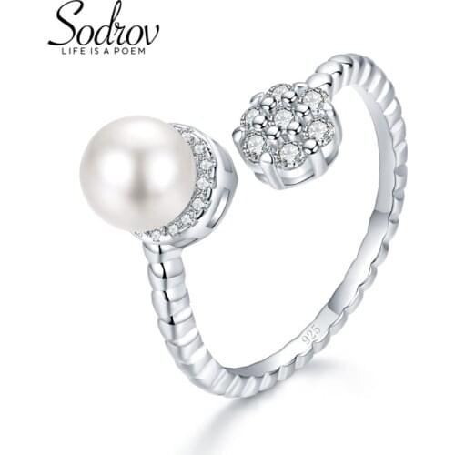 SODROV 925 Sterling Silver Pearls Ring Resizable Engagement Wedding Jewelry For Women R038