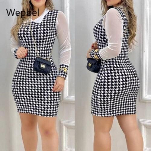 Wepbel Houndstooth Printed Dress O-neck White Bodycon Dress Women Long Sleeve High Waist Sheath Slim Mini Sexy Dress Vestidos