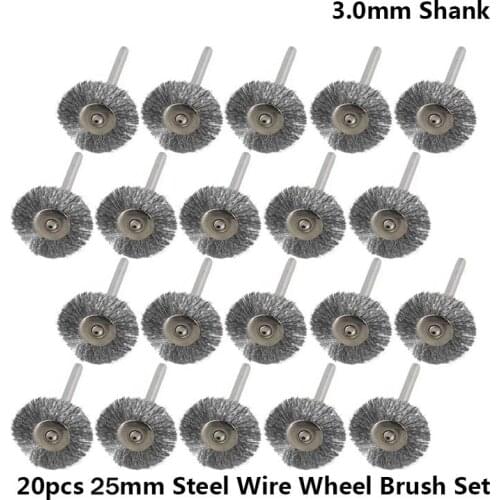 20pcs 25mm Steel Wire Wheel Brush Set For Metal Polishing 3.0mm Shank Rotary Brush for Dremel Rotary Tool