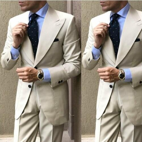 2020 Newest Light Khaki Men Suits Two Button Wide Peak Lapel Formal Office Party Groom Tuxedos 2 Pieces