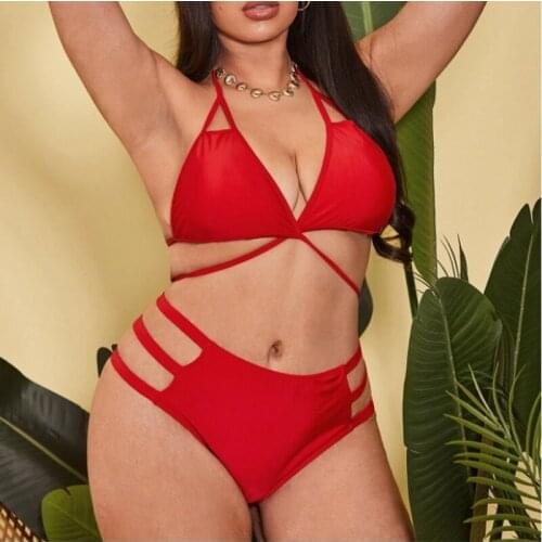 2021 New Fashion Ladies Solid Color Swimsuit Sexy Fat Woman Swimsuit Increase Fat Split Swimsuit Swimsuit Bikini Suit
