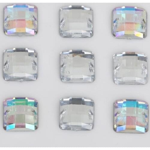 8/10 / 12mm Square Sewing Glass Rhinestone Transparent Acrylic AB Rhinestone Applique Flat Seam Back DIY Clothes Decoration