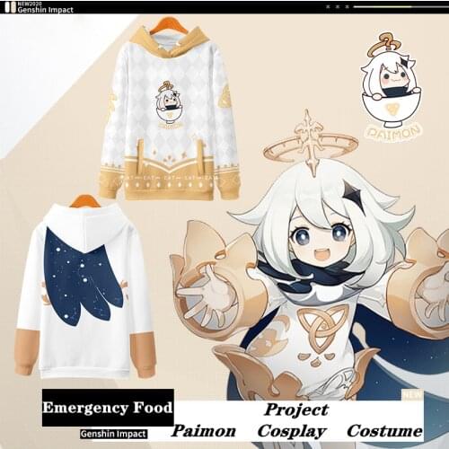 Paimon Cosplay Anime Sports Sweatshirt Game Genshin Impact NPC Emergency Food Costumes Kids Velvet Hoodie Project Adult Zip Top