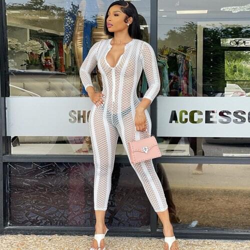 Fishnet Plaid Hollow Out See Through Jumpsuit Women Zipper Front Long Sleeve Skinny Overall Beach Style Y2K Bodycon Catsuits