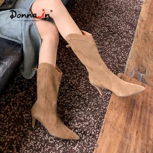 Donna-in 2021 Autumn New Brown Western Cowboy Boots Women Mid-Calf Boots High Heel Pointed Toe Cow Suede Slip-On Boots Female