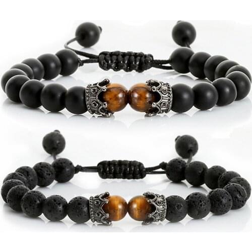 8mm Tiger Eye Stone Bracelet Braided Rope Adjustable Natural Lava Bead Charm Healing Crown Distance Yoga Bracelets for Men Woman