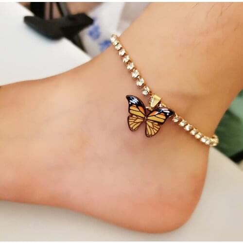 Bohemian Geometric Rhinestone Chain Anklets Gold Silver Color Butterfly Leg Bracelet Anklet for Women Girl Bling Feet Jewelry