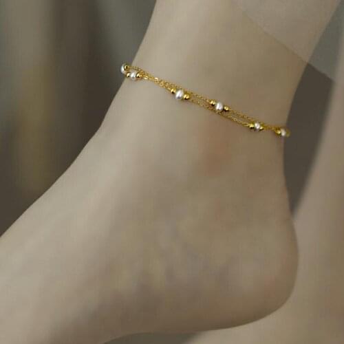 ZHIXI Natural Freshwater Pearl Anklet 14K Gold-Filled Double-Layer Chain Original Handmade Ladies Party Exquisite Gift Adjustabl