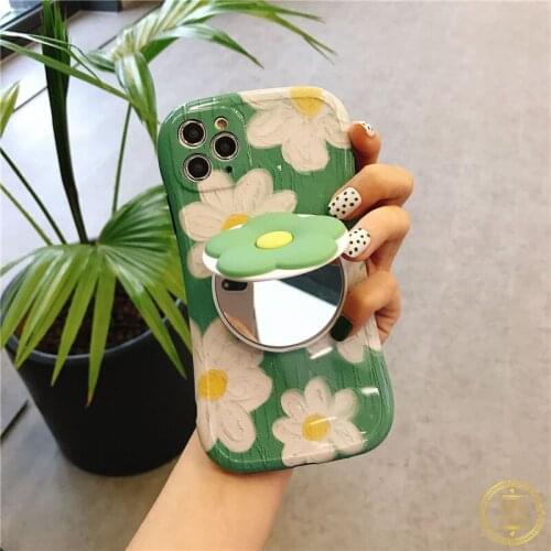 3D Cute Flower Makeup Mirror Holder Phone Case For iPhone SE 2020 11 Pro XR XS Max X 7 8 Plus Soft TPU Stand Cover Coque Fundas