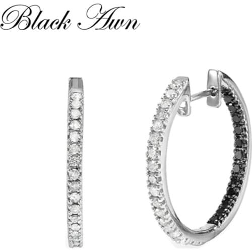 Black Awn 2020 New Classic 925 Sterling Silver Round Black Trendy Spinel Engagement Hoop Earrings for Women Fine Jewelry I189