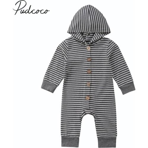 2018 Brand New Autumn Winter Causal Toddler Baby Girls Boys Romper Long Sleeve Hooded Single Breasted Striped Jumpsuits Playsuit