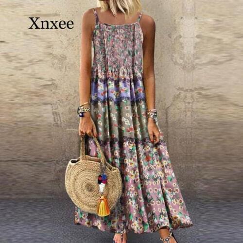 Long boho Summer Sexy Sleeveless Dress Vintage Floral Print Maxi Dress Ladies Casual O-Neck Loose Straight Boho Beach Dresses