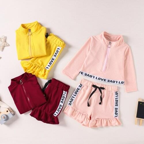 FOCUSNORM 1-6Y Summer Kids Girls Casual Clothes Sets 2pcs Letter Printed Long Sleeve Zipper Tops Ruffles Elastic Shorts