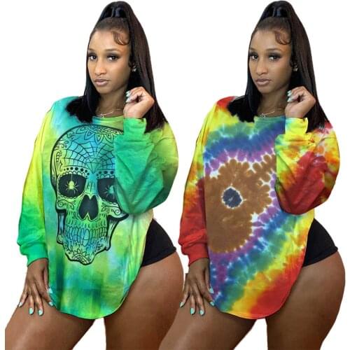 Gradient Color Skeleton Print Long Sleeve Round Neck Slim Loose Plus Tshirt Top Women 2021 Spring Summer Casual Clothes