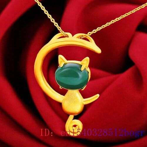Jade Cat Pendant Chalcedony Chinese 925 Silver Fashion Gifts Zircon Necklace Women Crystal Natural Charm Amulet Gemstone