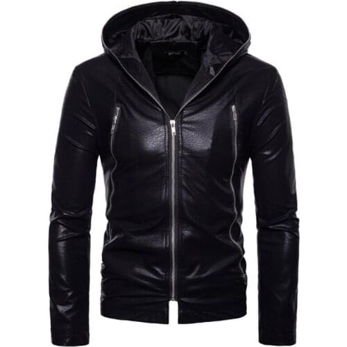 Europe/US Size New Mens Leather Jackets Autumn Loose Zippers Motorcycle Leather Jacket Hooded Black Biker Jacket Male Outwear