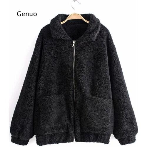 Womens Casual Zippers Furry Jackets Ladies Pockets Soft Lamb Wool Trendy Street Style Overcoat Autumn Winter