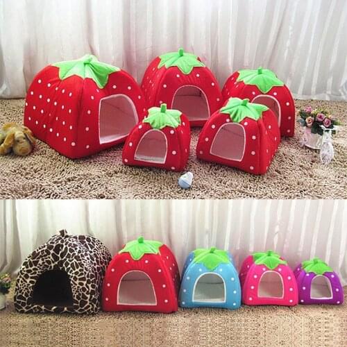 Lovely Dog Bed Cat Foldable Soft House Strawberry Warm Puppy Kennel Nest Leopard Printed Houses Pet Products Indoor Outdoor