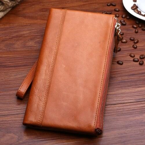 Double Zipper Leather Fashion Vintage Genuine Leather Fashion Men Cow Leather Hand Wallet Purse Brand Multi-Card Position