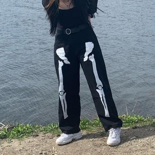 Skull Bones Print Baggy Jeans Men 2021 Hip Hop Straight Denim Cargo Pants Oversized Grey Black Gothic Streetwear Unisex