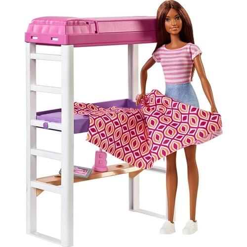 Barbie doll and room sets-barbie is organizing the doll room-brunette long hair for barbie doll-striped t-shirt